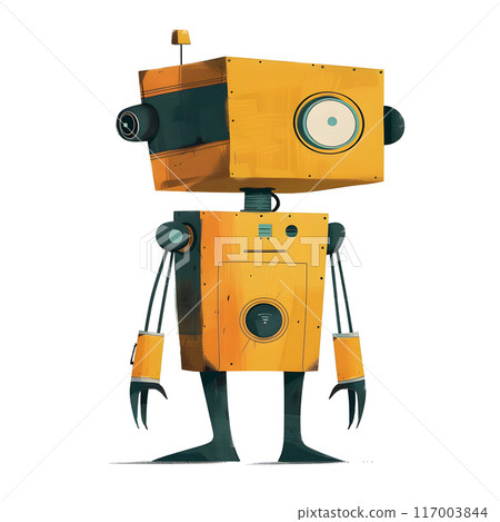 Yellow robot toy with camera head on white background 117003844