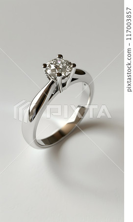 Elegant Silver Diamond Engagement Ring on White Background 117003857