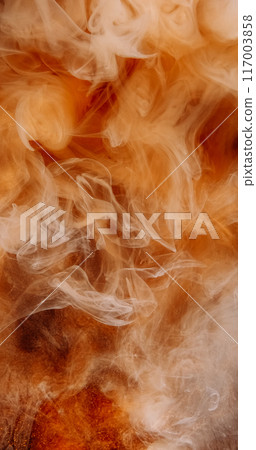 Fog twist. Magic spell. Spiritual aura. Floating ink vapor mix. Orange red glitter haze swirl over glitter shiny dark background mystical wave texture art. 117003858