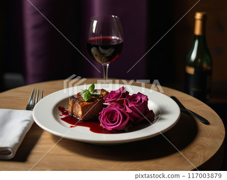 餐廳食物配有酒杯和玫瑰花 117003879