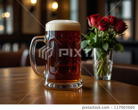 啤酒杯放在桌上 117003880