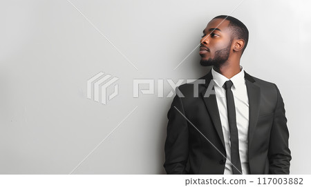 A man with a beard in formal wear leaning against a wall 117003882
