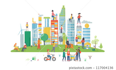 Cityscape with People Enjoying Outdoors and Modern Buildings 117004136