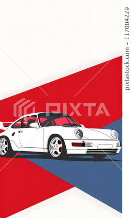 White car parked on patriotic background with red, white, and blue colors 117004229