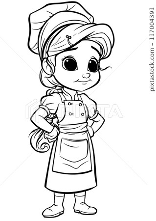 Cartoon drawing of a happy little girl in an apron and hat Cartoon drawing of a happy little girl in an apron and hat 117004391