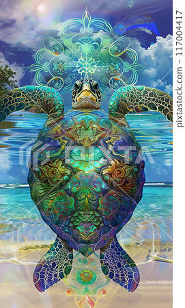 Turtle with Sacred Spirit Fractal Design over Ocean Beach Scene. 117004417