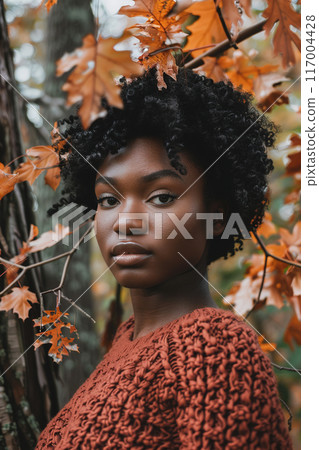 Autumn Fashion Portrait of Middle Aged Black Woman in Nature Setting. 117004428