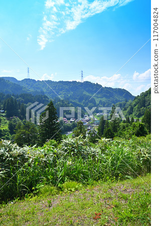 從新潟縣十日町市353號國道眺望清津川沿岸的里山風景 117004824