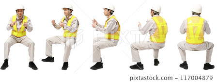 Factory/construction industry helmet work clothes man sitting full body person cutout 117004879