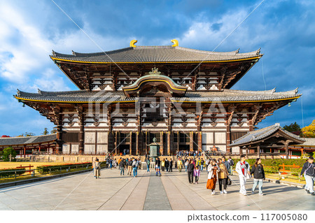 [Nara Prefecture] The Great Buddha Hall of Todaiji Temple illuminated by the setting sun 117005080