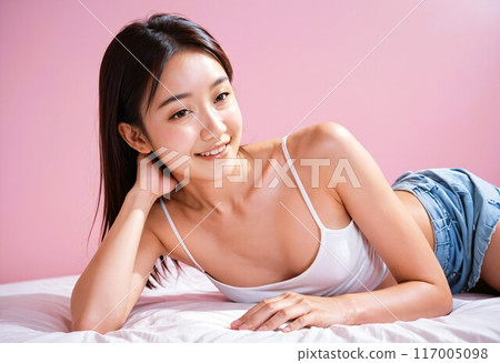 躺著的年輕女子，粉紅色的背景 117005098