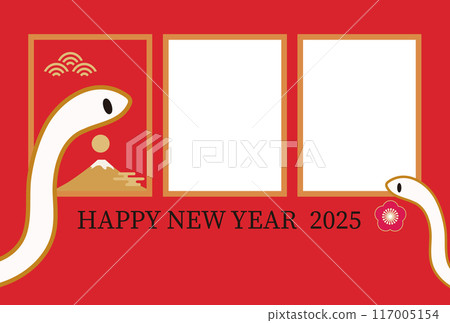 2025 New Year's card template with illustrations of snakes and Mt. Fuji Photo frame included Horizontal 117005154