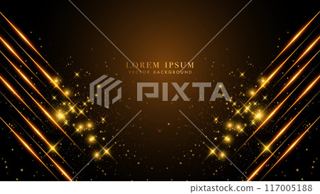 Slanted golden lines and glowing light with glitter light effects decoration on dark background. Luxury style vector design 117005188
