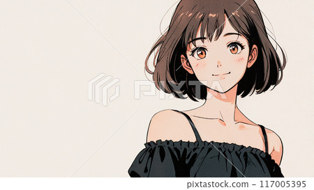 A short-haired woman wearing a black dress and smiling gently A short-haired woman wearing a black dress and smiling gently 117005395