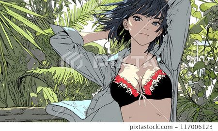 山原森林一家飯店陽台上的一名穿著內衣的年輕女子 117006123