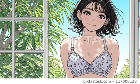 Young woman in lingerie standing by a tropical window Young woman in lingerie standing by a tropical window 117006128