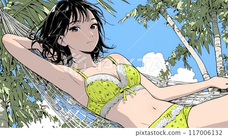 沖繩藍天下，一名身穿內衣的年輕女子躺在吊床上休息。 117006132