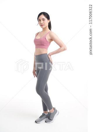 Beautiful young asian sport woman with sportswear ready for exercise on white background, Advertising sportswear and yoga wear, Healthy lifestyle, sport. Beautiful young asian sport woman with sportswear ready for exercise on white background, Advertising sportswear and yoga wear, Healthy lifestyle, sport. 117006322