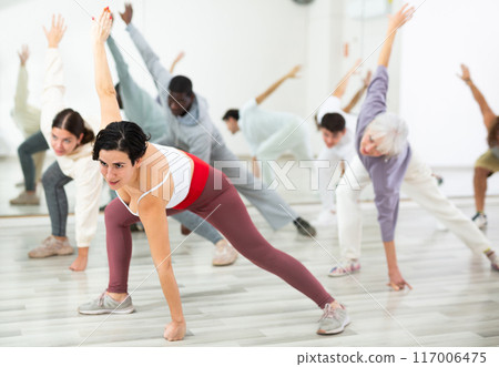 Group of active people performing a stretching exercise 117006475