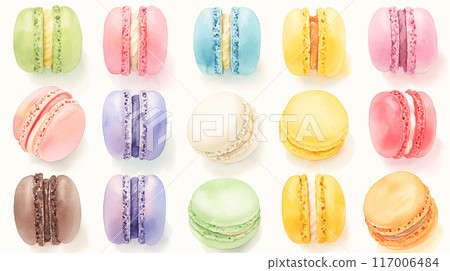 Colorful macaroons watercolor illustration background 117006484
