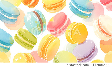 Colorful macaroons watercolor illustration background 117006488