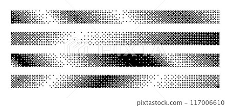 Bitmap slanted gradient border set. Diagonal dotted halftone header or footer collection. Pixelated rectangle decoration element for banner, poster, advertisement, cover. Vector horizontal stripes 117006610
