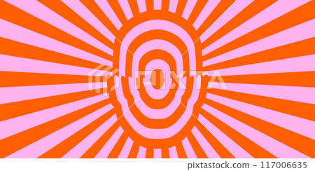 Retro trippy psychedelic background. Red and pink groovy head with ray burst wallpaper. Vintage colorful hippie tunnel poster design. Mental hypnotic vibes concept. Vector backdrop Retro trippy psychedelic background. Red and pink groovy head with ray burst wallpaper. Vintage colorful hippie tunnel poster design. Mental hypnotic vibes concept. Vector backdrop 117006635