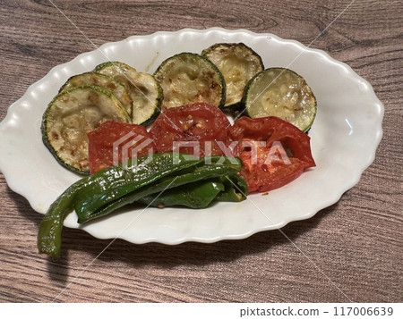 Plate of roasted summer vegetables Plate of roasted summer vegetables 117006639