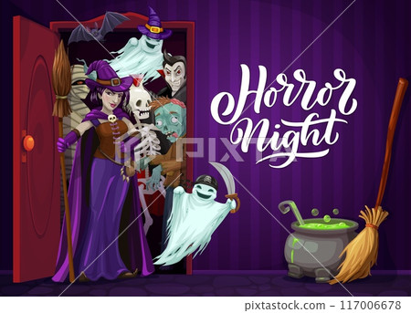 Halloween scary characters in opened door for horror night holiday, cartoon vector. Witch with spooky boo ghost, skeleton and zombie with mummy and vampire at house door for Halloween trick or treat Halloween scary characters in opened door for horror night holiday, cartoon vector. Witch with spooky boo ghost, skeleton and zombie with mummy and vampire at house door for Halloween trick or treat 117006678