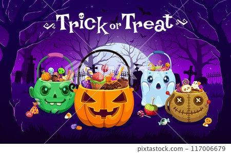 Halloween sweets buckets. Fall season event, autumn horror holiday or Happy Halloween party vector background. October celebration banner with candies in zombie, ghost, voodoo doll and pumpkin buckets 117006679