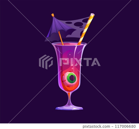 Cartoon Halloween cocktail, vector chilling drink featuring floating eyeball and a dark umbrella garnish with spiderweb and striped straw, served in a tall glass. Vivid red and purple horror beverage 117006680