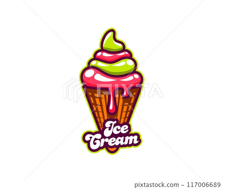 Ice cream waffle cone icon, gelato dessert. Isolated vector emblem with green and red swirls and melting drips on crispy wafer. Frozen delightful and tempting, sweet summer food, serve icecream snack 117006689