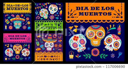 Mexican dia de los muertos day of the dead holiday banners. Vector square backgrounds, social media history screen templates, festive party greeting cards with calavera sugar skulls and floral motifs Mexican dia de los muertos day of the dead holiday banners. Vector square backgrounds, social media history screen templates, festive party greeting cards with calavera sugar skulls and floral motifs 117006690