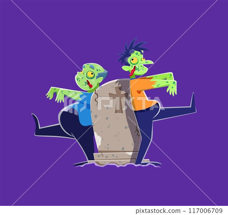 Cartoon Halloween scary characters near tombstone. Vector scene of creepy personages with rotting flesh, eerie eyes, raised arms and tattered clothes near a grave stone, exuding a spine-chilling aura 117006709
