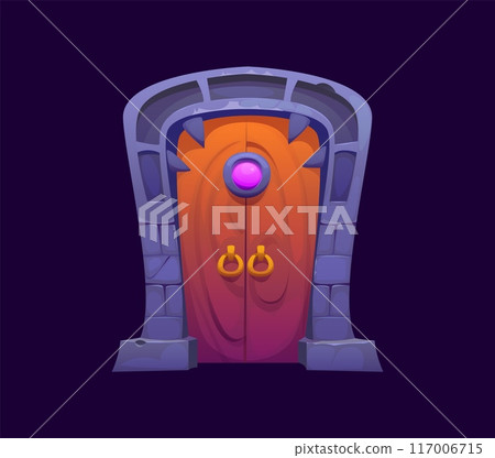 Fantasy magic portal gate door, witchcraft game asset. Cartoon vector enchanted wooden grand doorway with double sashes, purple crystal at its peak, framed by sts, feature golden rings as handles 117006715