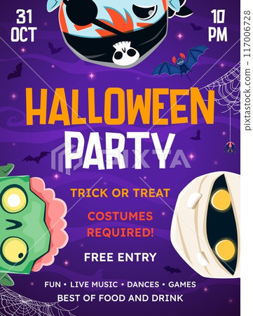 Halloween holiday party flyer with funny cartoon characters. Vector invitation banner with heads of zombie, mummy and pirate monsters invite for spooktacular costume party, filled with live music, fun 117006728