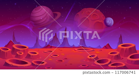 Alien space planet surface background with craters and mountains under a starry night sky. Vector game level scene, otherworldly landscape with alien Martian or Moon terrain and large planets above Alien space planet surface background with craters and mountains under a starry night sky. Vector game level scene, otherworldly landscape with alien Martian or Moon terrain and large planets above 117006741