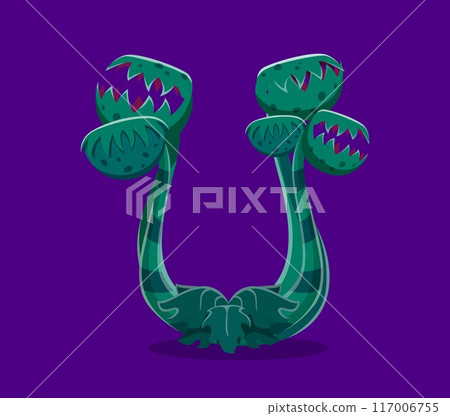 Halloween font, letter U monster plant with teeth, vector cartoon horror alphabet type. Halloween font or kids spooky monster plant in shape of letter U, creepy carnivorous flower in typeface type 117006755