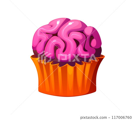 Cartoon Halloween holiday cupcake with pink brain cream convolutions. Isolated vector sweets and dessert for children trick or treat party. Confectiry muffin, homemade bakery, confection for kids 117006760