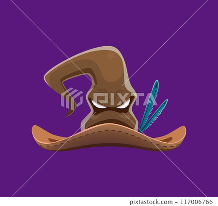 Cartoon Halloween witch hats with grumpy face expression. Isolated vector old brown pointed cap frown eyebrows and eyes that mirror its grouchy mood, ready for festive mischief with spooky twist Cartoon Halloween witch hats with grumpy face expression. Isolated vector old brown pointed cap frown eyebrows and eyes that mirror its grouchy mood, ready for festive mischief with spooky twist 117006766