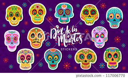 Mexican day of the dead calavera sugar skull stickers. Cartoon vector patches set of Dia de los muertos holiday craniums with flowers and floral pattern. Adhesive calaca heads traditional Mexico decor 117006770