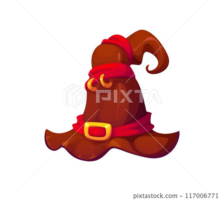 Halloween holiday witch hat with a crooked shape, adorned with red ribbons, golden rings and buckle. Isolated cartoon vector whimsical and magical cap, for party celebration or magician garment 117006771