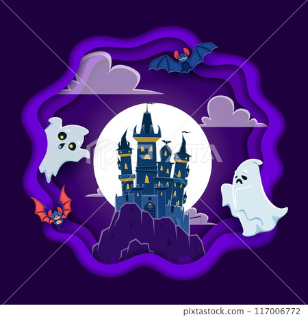 Halloween paper cut banner with funny ghosts, bats and dark castle vector landscape. Halloween horror night cartoon ghosts characters, bats, spooky moon and haunted house on midnight sky background 117006772