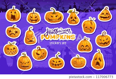 Halloween holiday pumpkin stickers on horror cemetery vector background. Cartoon jack o lantern characters with cute faces, evil, spooky and happy smiles. Halloween autumn orange pumpkin vegetables 117006773
