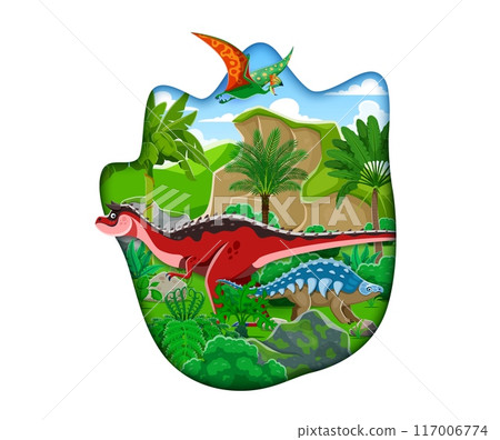 Paper cut prehistoric dinosaur footprint. Cartoon 3d vector papercut frame filled with dino species at lush, green, jungle forest landscape with ancient ferns, palm trees, tropical vegetation and rock 117006774
