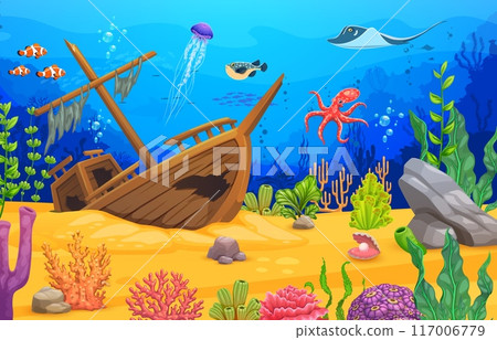 Cartoon underwater landscape, game pa with sunken ship, seaweeds and sea animals. Vector ocean bottom level background with shipwreck scene, coral reefs, fish and tropical marine life 117006779