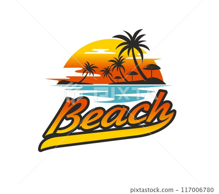 Tropical resort beach icon, palm trees on summer paradise island with blue sea waves and tranquil exotic landscape. Isolated vector emblem embodying essence of travel, tourism, vacation and resort 117006780