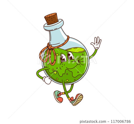 Retro groovy potion bottle Halloween character. Isolated cartoon vector mystical glass flask, magic or witchcraft vial with green bubbling liquid. Vintage wizard, witch or magician mystical brew 117006786