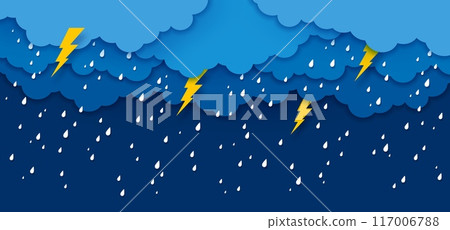 Paper cut rain sky, clouds with water drops and lightning bolts. Vector rainy weather forecast background with overcast sky and yellow flashes. Stormy natural origami scene with intense thunderstorm 117006788