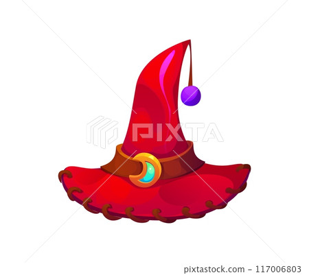 Halloween holiday witch hat. Isolated cartoon vector red fantasy cap adorned with crescent moon buckle, leather stitches on brim and purple pom-pom. Magical and spooky headwear for wizard or sorcerer 117006803